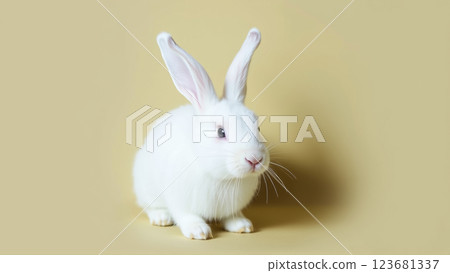 Cute white bunny on isolated olive background colors 123681337