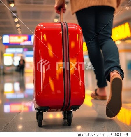 Red suitcase in the airport building 123681399