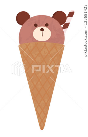 Illustration of ice cream in the shape of a bear's face. Ice cream in a waffle cone. Cute hand-drawn illustration. Illustration of ice cream in the shape of a bear's face. Ice cream in a waffle cone. Cute hand-drawn illustration. 123681425
