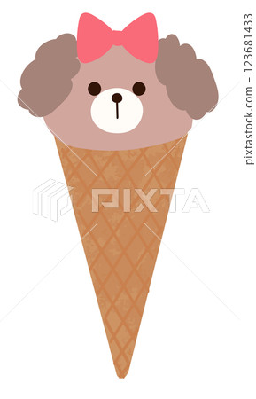 Illustration of ice cream in the shape of a dog's face with droopy ears. Ice cream served in a waffle cone. Cute hand-drawn illustration 123681433