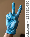 A person who is wearing a bright blue glove is making a wellrecognized peace  123681450