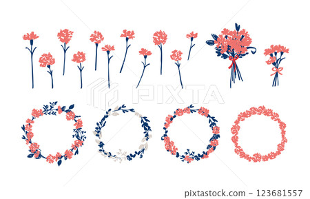 Carnation illustration for Mother's Day. Mother's Day frame of carnations and plants. Hand-drawn vector illustration. Carnation illustration for Mother's Day. Mother's Day frame of carnations and plants. Hand-drawn vector illustration. 123681557