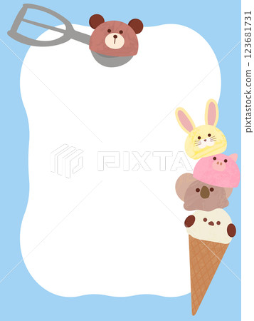 Cute frame of ice cream in the shape of an animal's face, vertical, copy space available, hand-drawn illustration 123681731