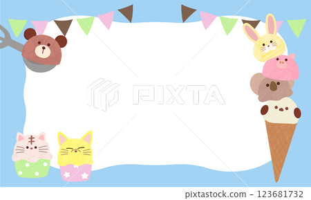 冰淇淋的可愛框架,形狀像動物的臉,水平,有複製空間,手繪插圖 冰淇淋的可愛框架,形狀像動物的臉,水平,有複製空間,手繪插圖 123681732