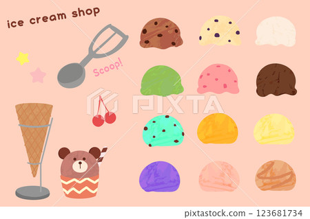 冰淇淋店/義式冰淇淋店套裝 - 可愛的手繪冰淇淋底座，有各種口味 123681734