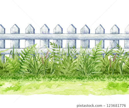 Fresh green grass with white wooden fence background seamless border element watercolor illustration. Fresh grass countryside meadow, lawn, field landscape element isolated on white background 123681776