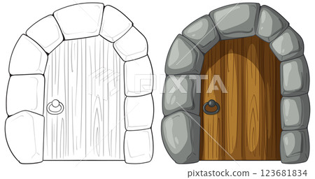 Stone Arch Wooden Door Illustration 123681834