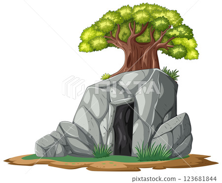 Tree on Rocky Cave Entrance 123681844