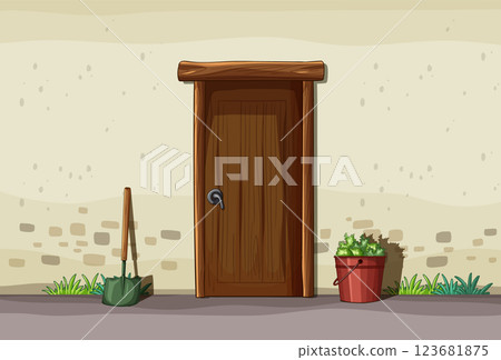 Rustic Door with Garden Tools 123681875