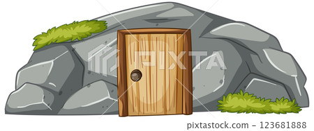 Wooden Door in Rocky Cave 123681888