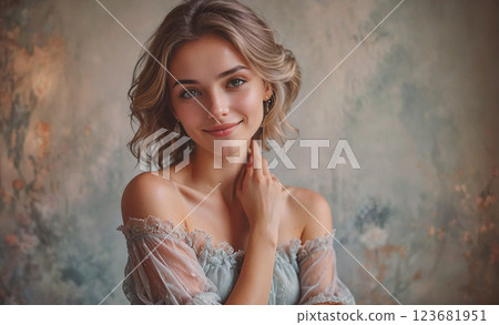 Young woman is smiling and posing for a picture. She is wearing a blue dress and has her arms around her neck. The image has a happy and friendly mood 123681951