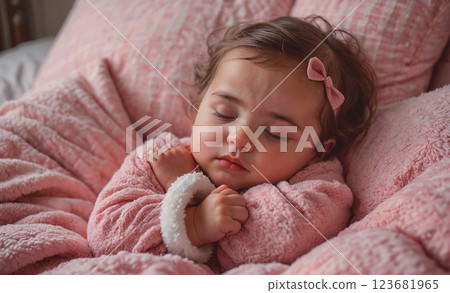 Baby girl is sleeping in a pink blanket. She has a pink shirt on and a pink blanket 123681965