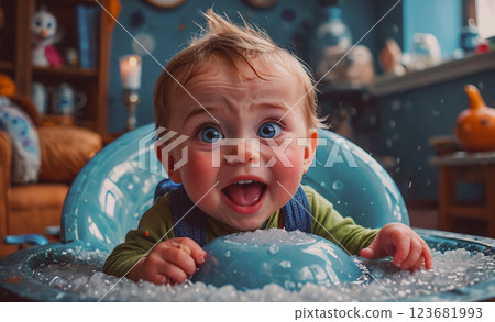 Baby is sitting in a blue plastic bowl with ice in it. The baby is smiling and looking at the camera 123681993