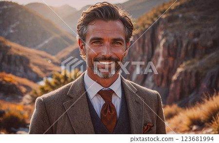 Man wearing a suit and tie is smiling in front of a mountain. Concept of confidence and happiness 123681994