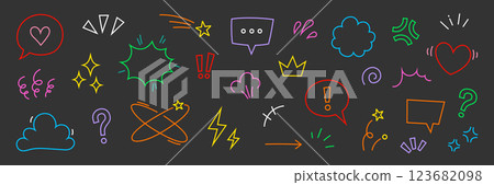 Comic cute speech bubble cartoon element icon set. Comic cute speech bubble, emphasis, star spark, line movement cartoon vector icon. Outline doodle speed motion, funny spark. Vector 123682098