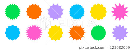 Star round sticker tag icon shape set. Circle starburst label shape for promo, sale, price offer badge sticker. Round tag shape vector icon. Sale, promo label graphic design. Vector 123682099