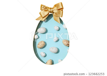 PNG, Easter, paper egg with quail eggs, with bow, isolated on white background 123682253