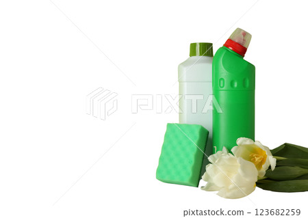 Spring cleaning, detergent bottles, sponges and tulips isolated on a white background, space for text, PNG Spring cleaning, detergent bottles, sponges and tulips isolated on a white background, space for text, PNG 123682259