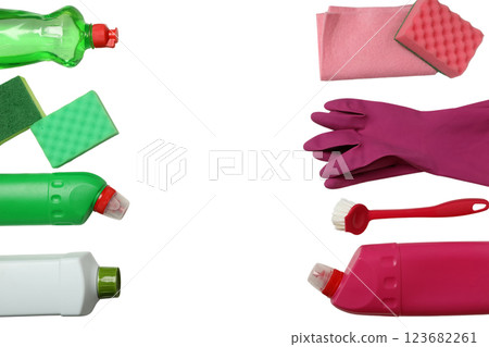 Spring cleaning, bottles of detergents and cleaning devices isolated on white background, top view, space for text, PNG Spring cleaning, bottles of detergents and cleaning devices isolated on white background, top view, space for text, PNG 123682261