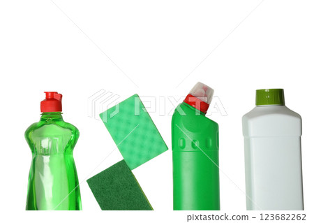 Spring cleaning, detergent bottles and sponges isolated on a white background, top view, space for text, PNG Spring cleaning, detergent bottles and sponges isolated on a white background, top view, space for text, PNG 123682262