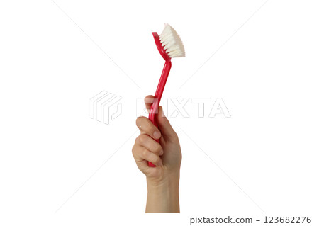 Spring cleaning, hand with a brush on a long handle isolated on a white background, close up, PNG 123682276