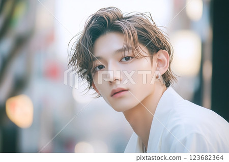 年輕英俊的男人/髮型/皮膚護理“AI 生成的圖像” 123682364