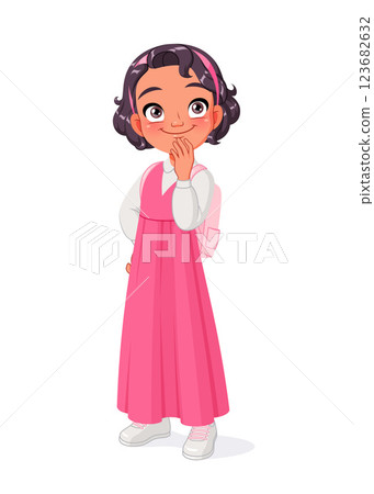 Curious Arab school girl in uniform thinking. Cartoon vector illustration. Curious Arab school girl in uniform thinking. Cartoon vector illustration. 123682632