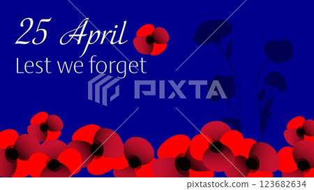 Anzac day vector horizontal banner with poppy flower composition on blue and 25 April text 123682634