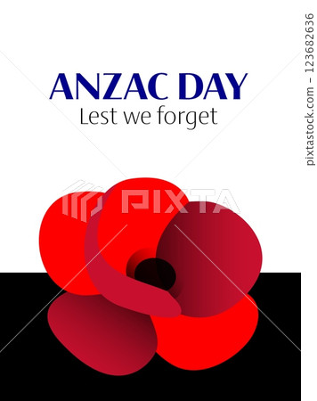 Anzac day vector vertical poster with poppy flower composition on black and white background 123682636