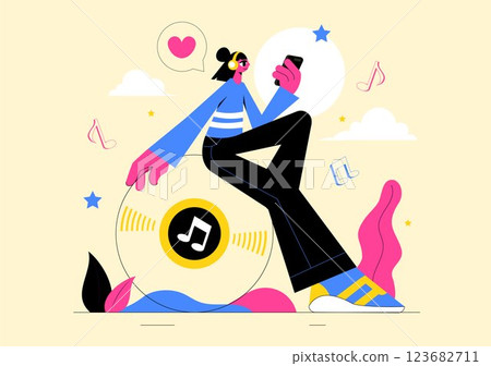 Music Entertainment Vector Illustration featuring People Playing Various Musical Instruments with Musicians Performing Live on Stage in a Background Music Entertainment Vector Illustration featuring People Playing Various Musical Instruments with Musicians Performing Live on Stage in a Background 123682711