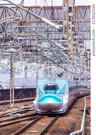 Tohoku Shinkansen Hayabusa entering Omiya Station in Saitama Prefecture 123682888
