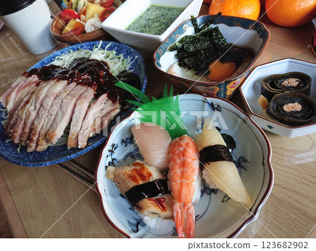 "Omakase" sushi on a plate, a seafood Edomae nigiri sushi plate set "Omakase" sushi on a plate, a seafood Edomae nigiri sushi plate set 123682902