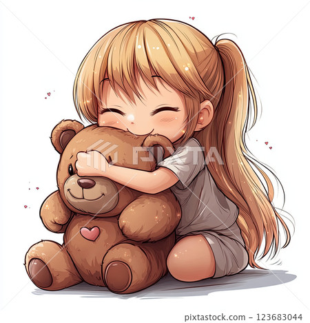 Charming girl hugging teddy bear with tiny hearts around, joyful expression 123683044