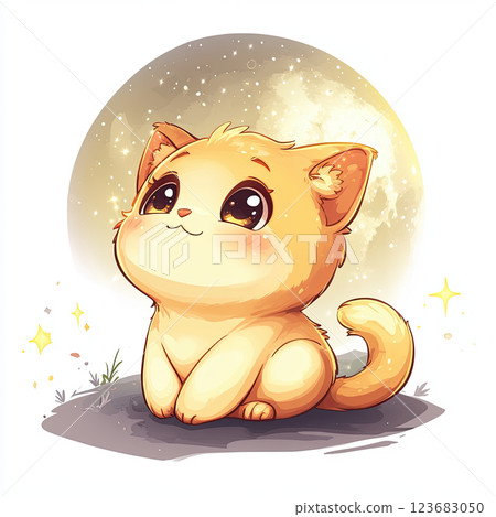 Kawaii chibi cat looking at moon, feeling nostalgic and dreamy 123683050