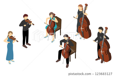 等距插圖: 演奏低音提琴的人 等距插圖: 演奏低音提琴的人 123683127