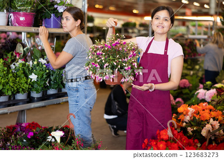 Owner of flower shop demonstrates beautiful potted flowers Owner of flower shop demonstrates beautiful potted flowers 123683273