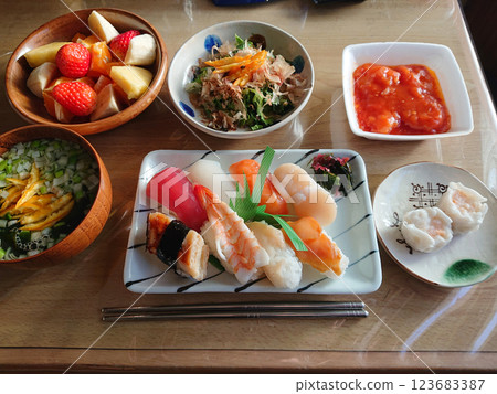 "Omakase" sushi on a plate, a seafood Edomae nigiri sushi plate set "Omakase" sushi on a plate, a seafood Edomae nigiri sushi plate set 123683387