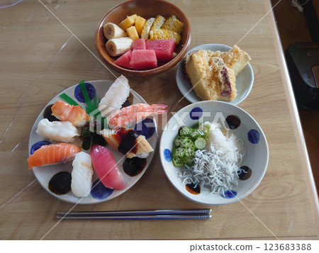 "Omakase" sushi on a plate, a seafood Edomae nigiri sushi plate set "Omakase" sushi on a plate, a seafood Edomae nigiri sushi plate set 123683388