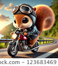 Cute adorable squirrel riding a bike through the mountains 123683469