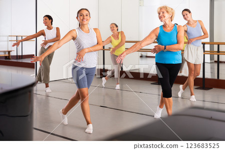 Women performing contemporary dance in training room 123683525