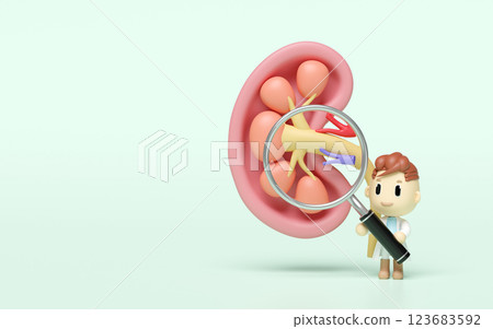 3d human kidney cross section with doctor holding a magnifying glass isolated on green background. health check, medicare concept, 3d illustration render 3d human kidney cross section with doctor holding a magnifying glass isolated on green background. health check, medicare concept, 3d illustration render 123683592
