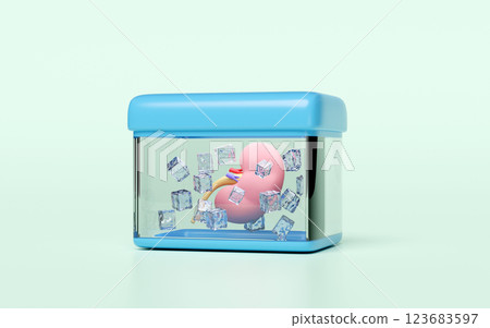 3d realistic human kidney in cold storage tank isolated on green background. organ transport, world kidney day concept, 3d illustration render 123683597