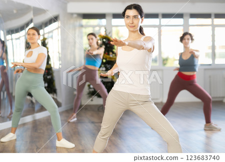 Cheerful young woman participating energetic dance workout during Christmas season 123683740