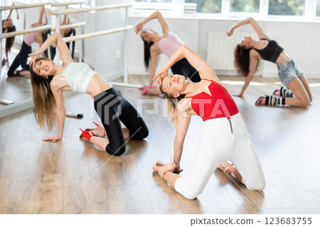 Woman with female perform dance in heels, squat down, actively repeat movements of instructor. Woman with female perform dance in heels, squat down, actively repeat movements of instructor. 123683755