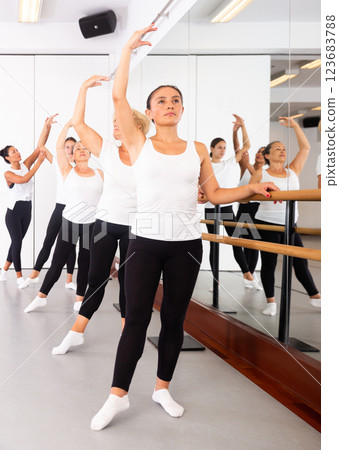 Group of women training ballet moves 123683788
