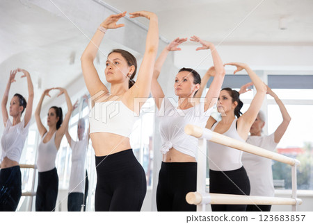 Girls in ballet class perform fifth position with participation of mature female mentor Girls in ballet class perform fifth position with participation of mature female mentor 123683857