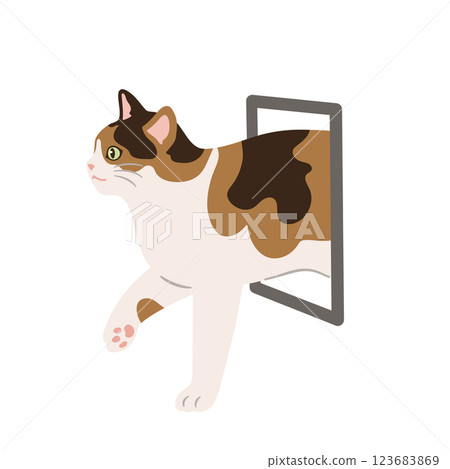 Illustration of a cat entering through a pet door 123683869