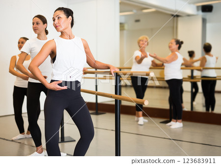Women exercising ballet moves in training room 123683911