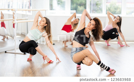 Woman with female perform dance in heels, squat down, actively repeat movements of instructor. Woman with female perform dance in heels, squat down, actively repeat movements of instructor. 123683988