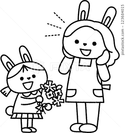 兔耳少女送給媽媽花束的線描 123684015